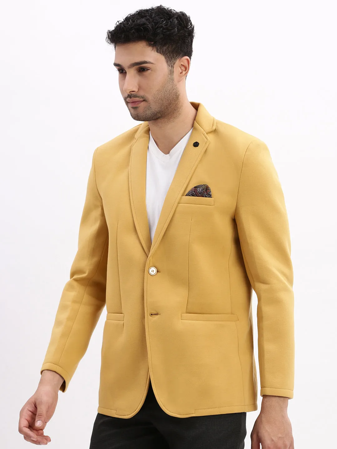 Men Solid Mustard Single Breasted Blazer