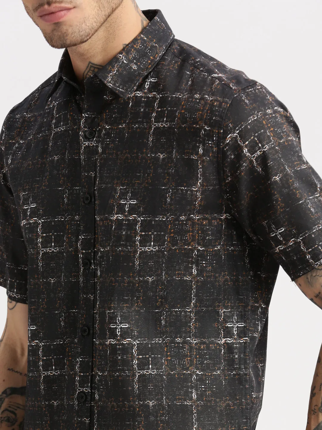 Men Spread Collar Abstract Black Casual Shirt