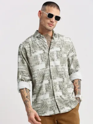 Men Spread Collar  Abstract Green Casual Shirt