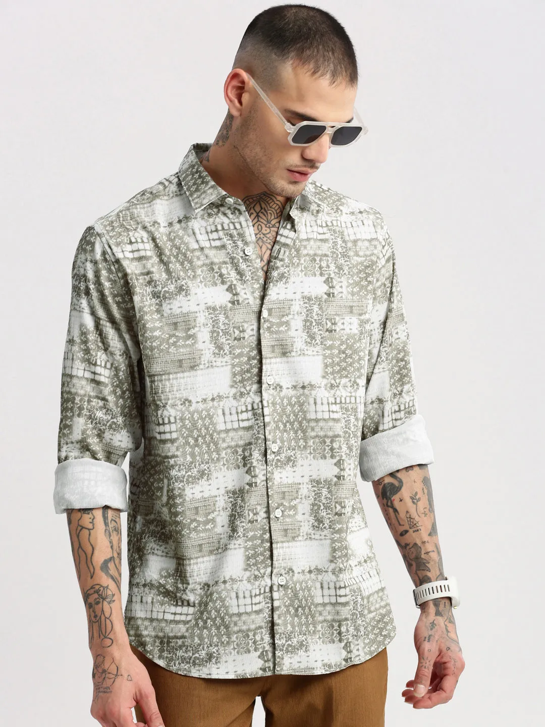 Men Spread Collar  Abstract Green Casual Shirt