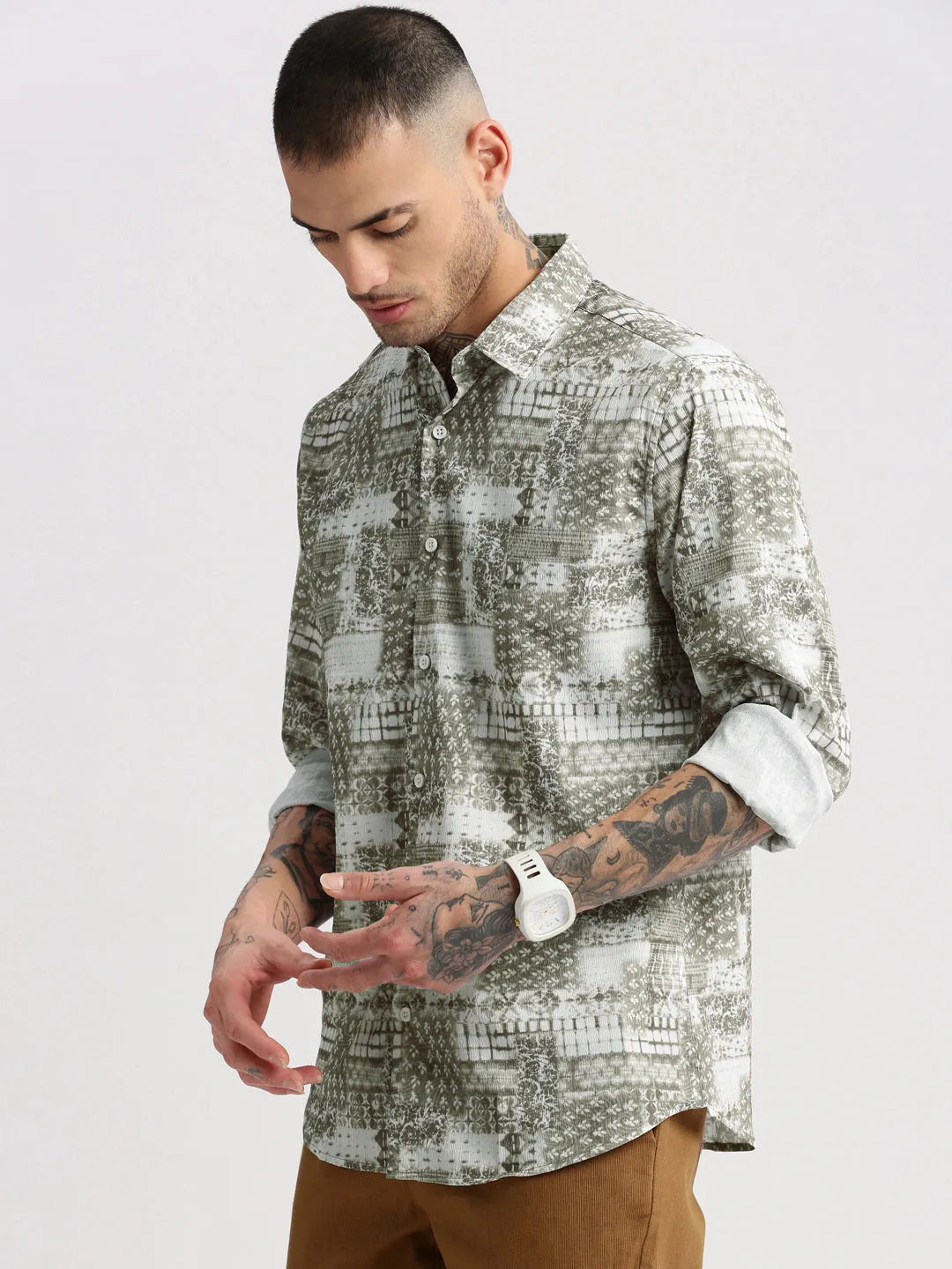 Men Spread Collar  Abstract Green Casual Shirt