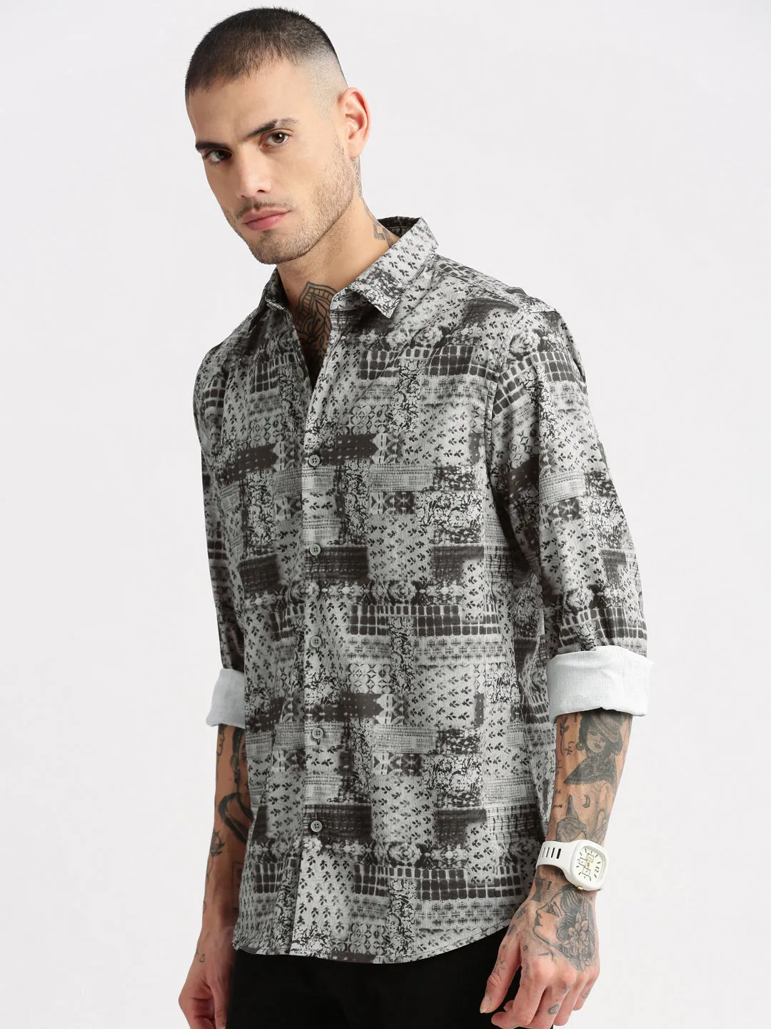 Men Spread Collar  Abstract Grey Casual Shirt