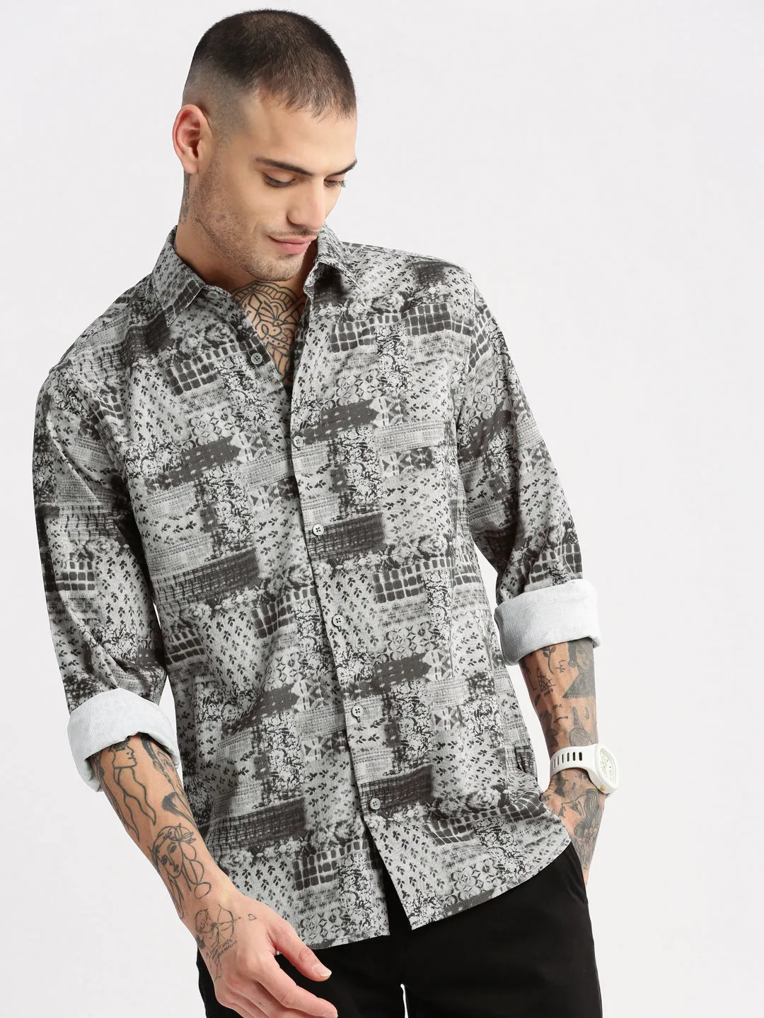 Men Spread Collar  Abstract Grey Casual Shirt