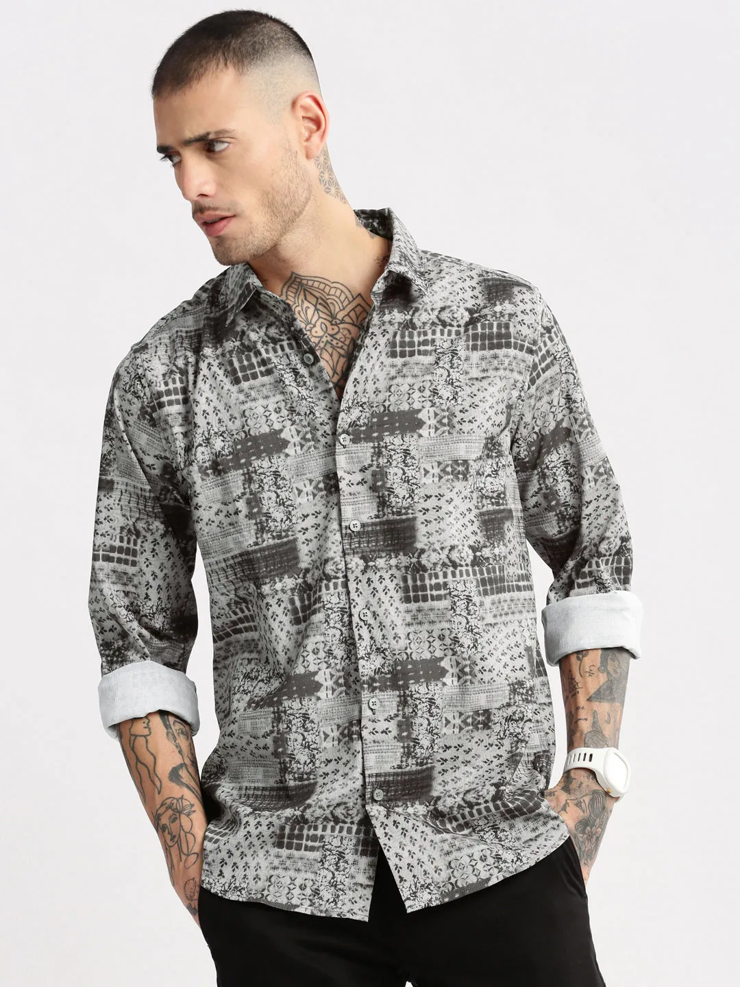 Men Spread Collar  Abstract Grey Casual Shirt