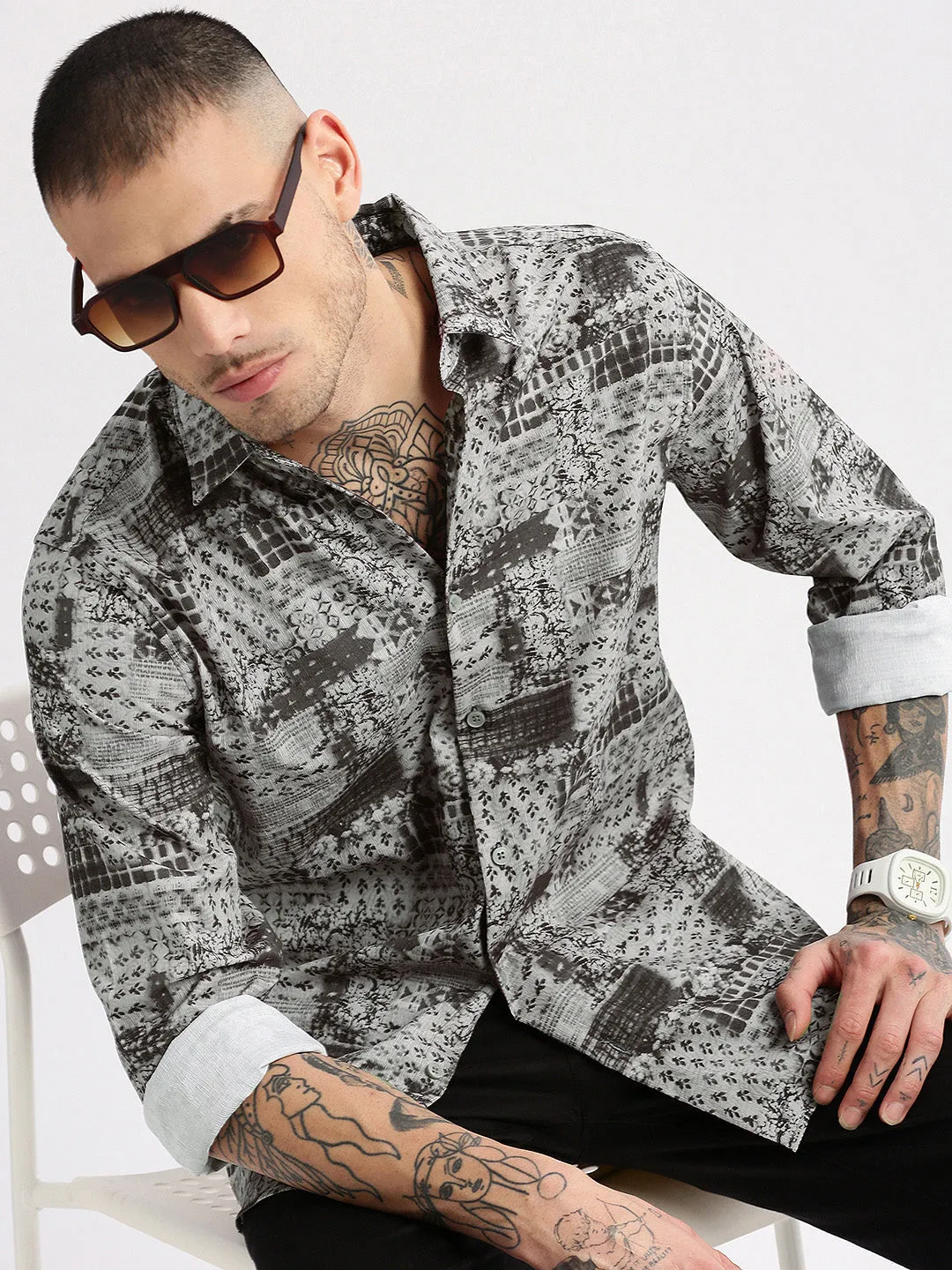 Men Spread Collar  Abstract Grey Casual Shirt