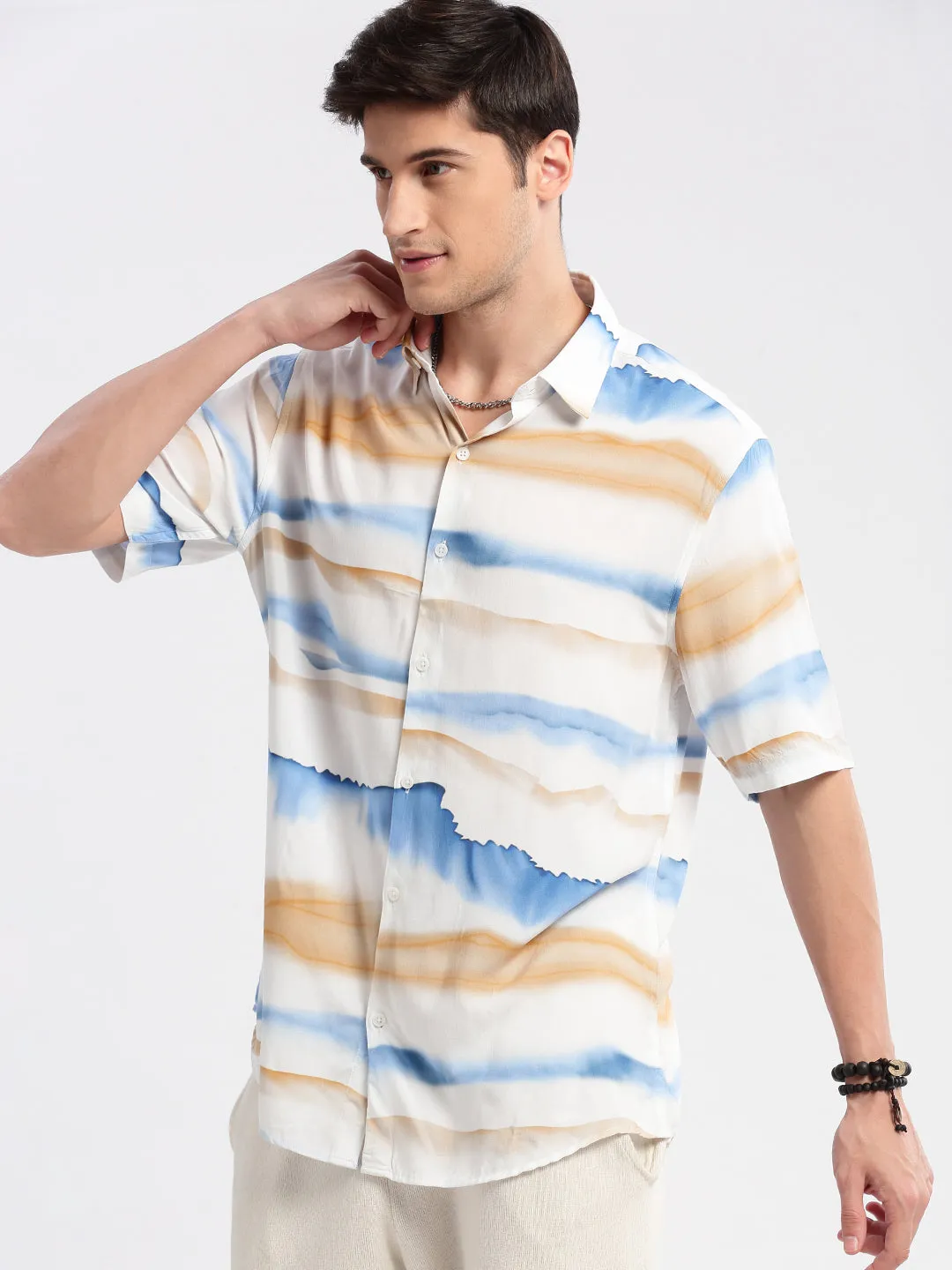 Men Spread Collar Abstract Off White Casual Shirt