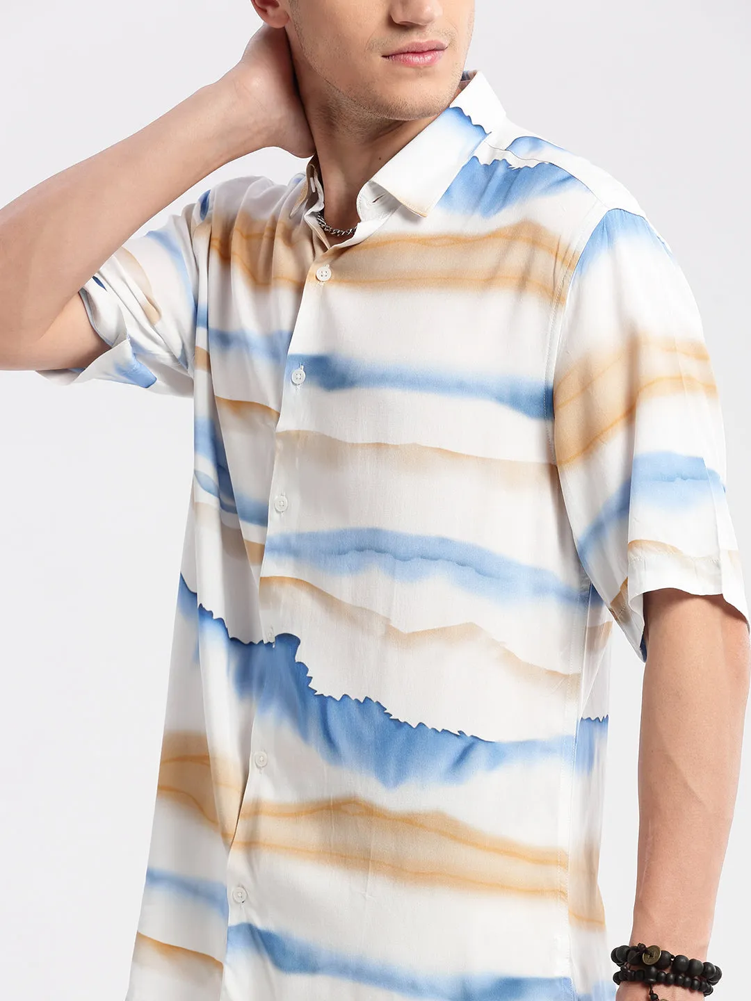 Men Spread Collar Abstract Off White Casual Shirt