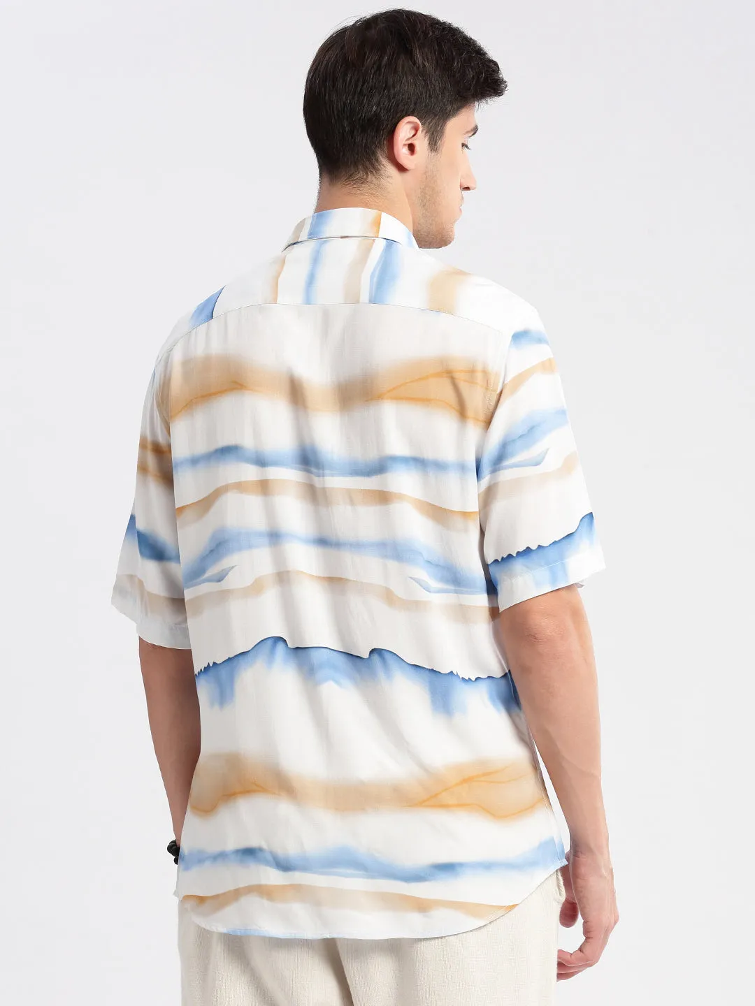 Men Spread Collar Abstract Off White Casual Shirt