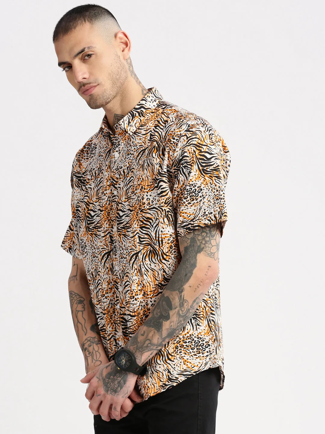 Men Spread Collar Animal Orange Casual Shirt