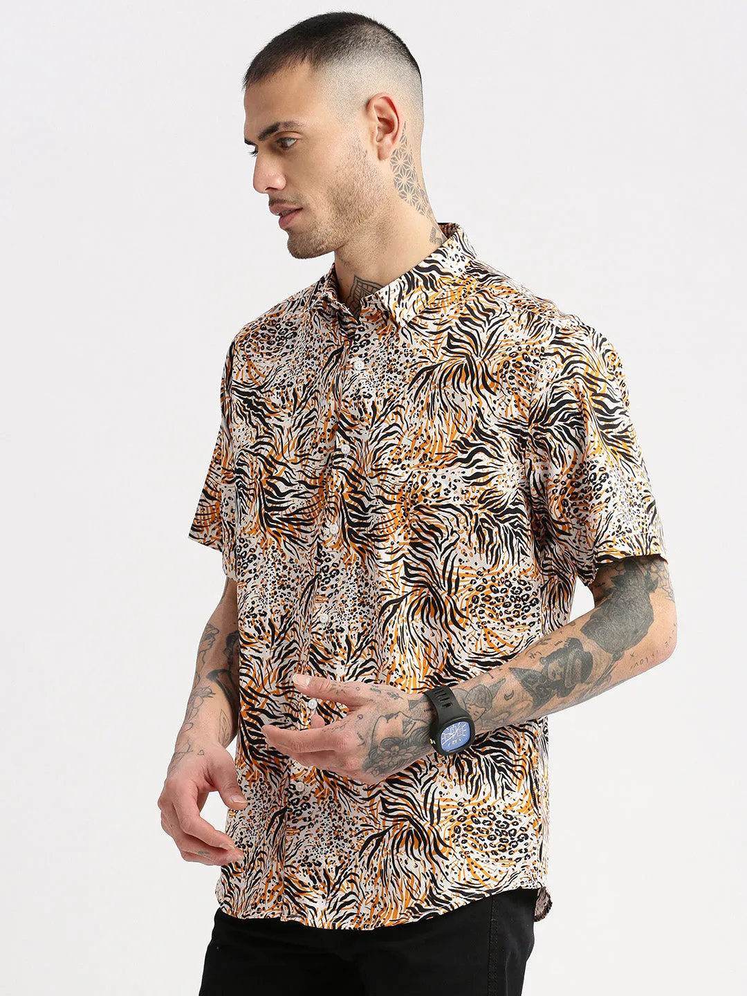 Men Spread Collar Animal Orange Casual Shirt