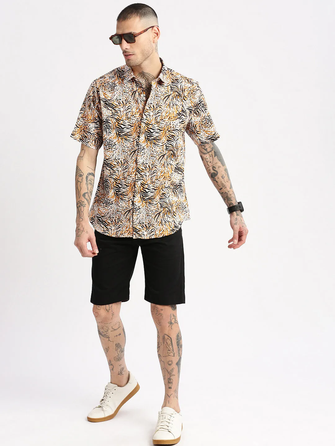 Men Spread Collar Animal Orange Casual Shirt