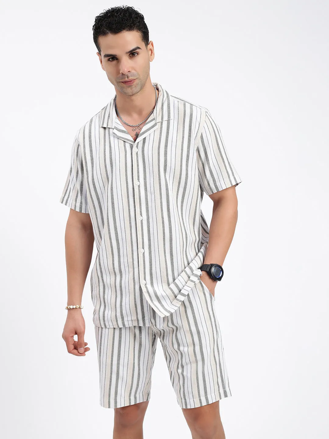 Men Striped White Co Ords Set