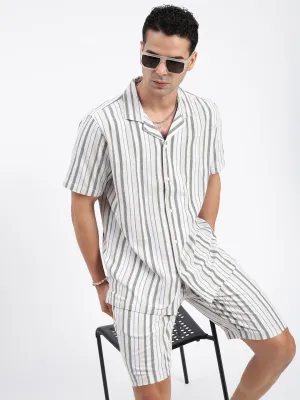 Men Striped White Co Ords Set