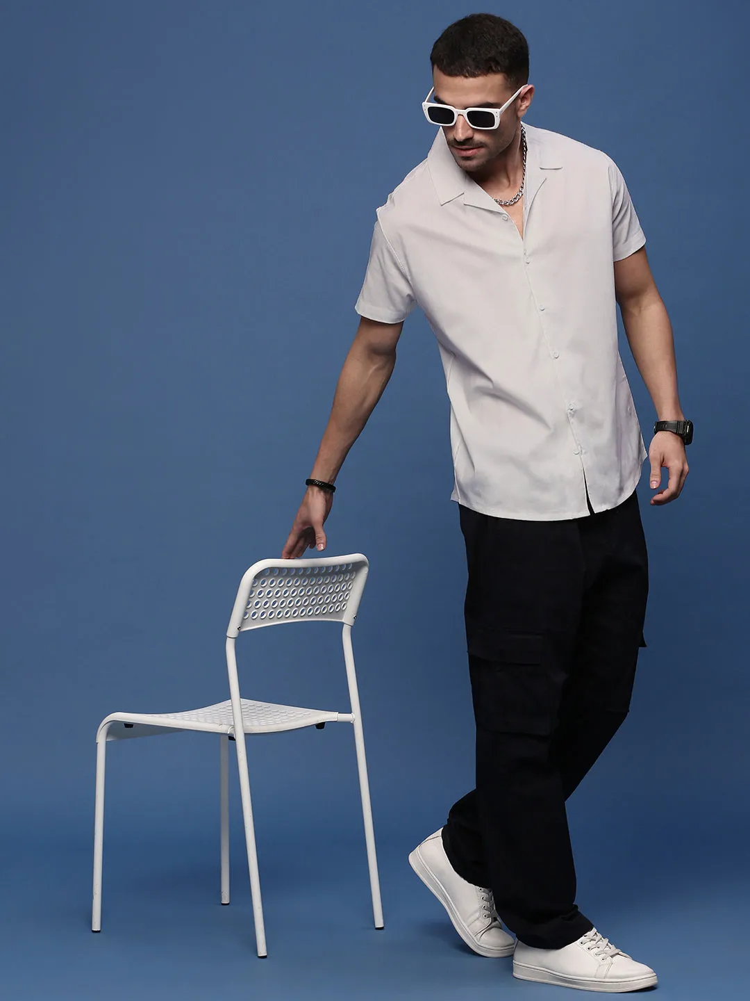 Men White Solid Cuban Collar Shirt