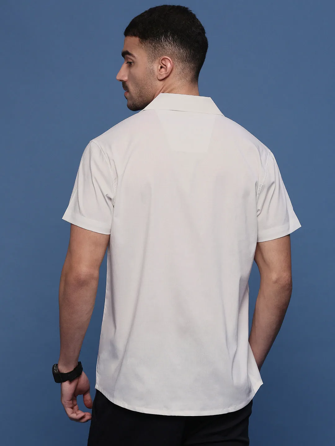 Men White Solid Cuban Collar Shirt