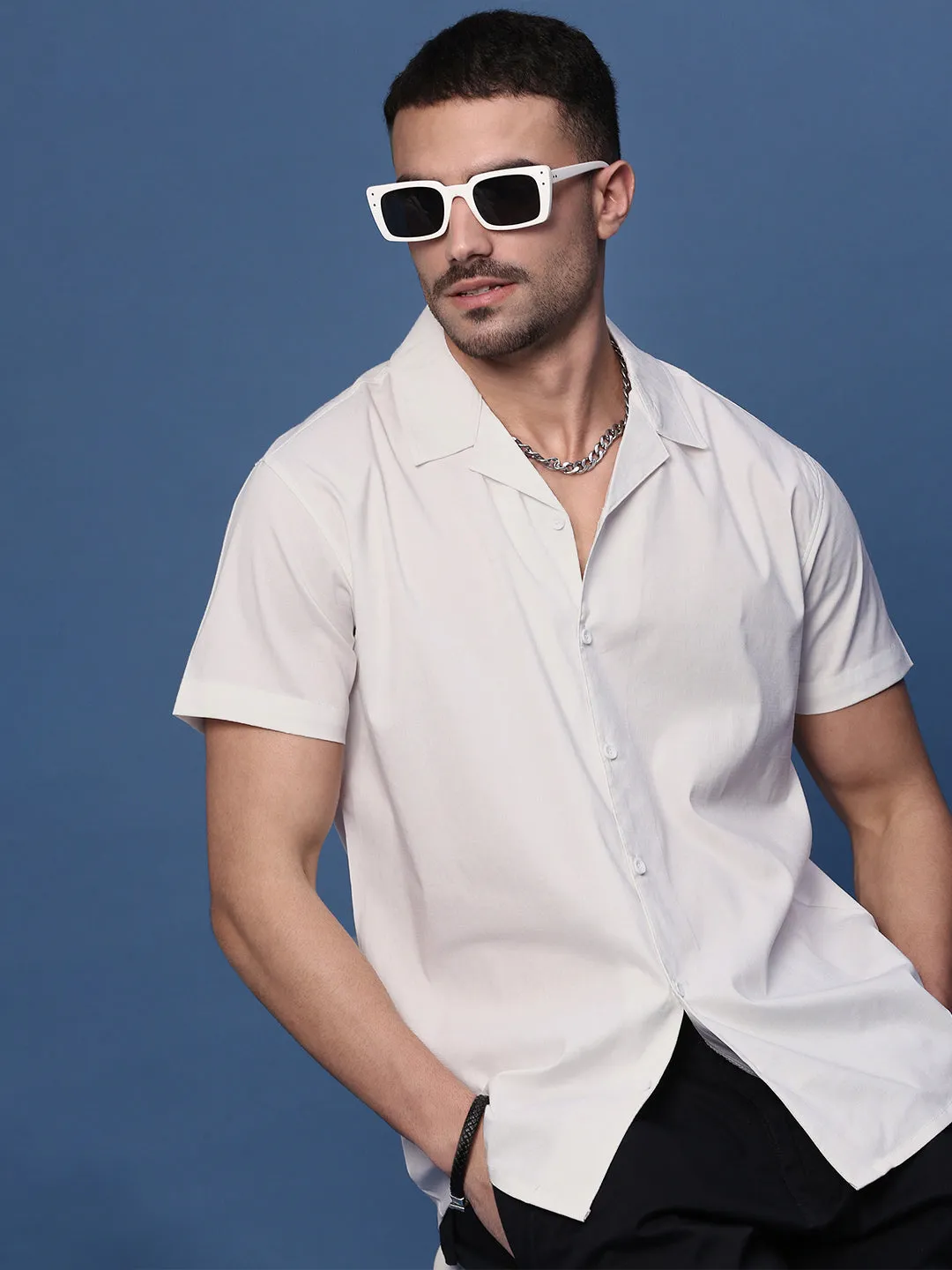 Men White Solid Cuban Collar Shirt