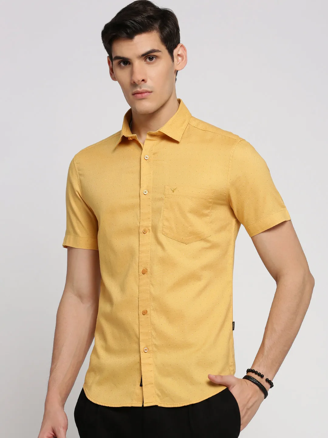 Men Yellow Spread Collar Micro Ditsy Shirt