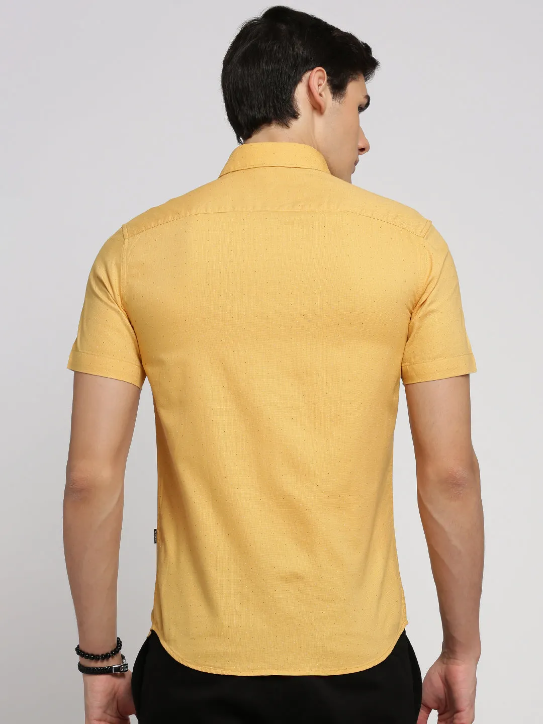 Men Yellow Spread Collar Micro Ditsy Shirt