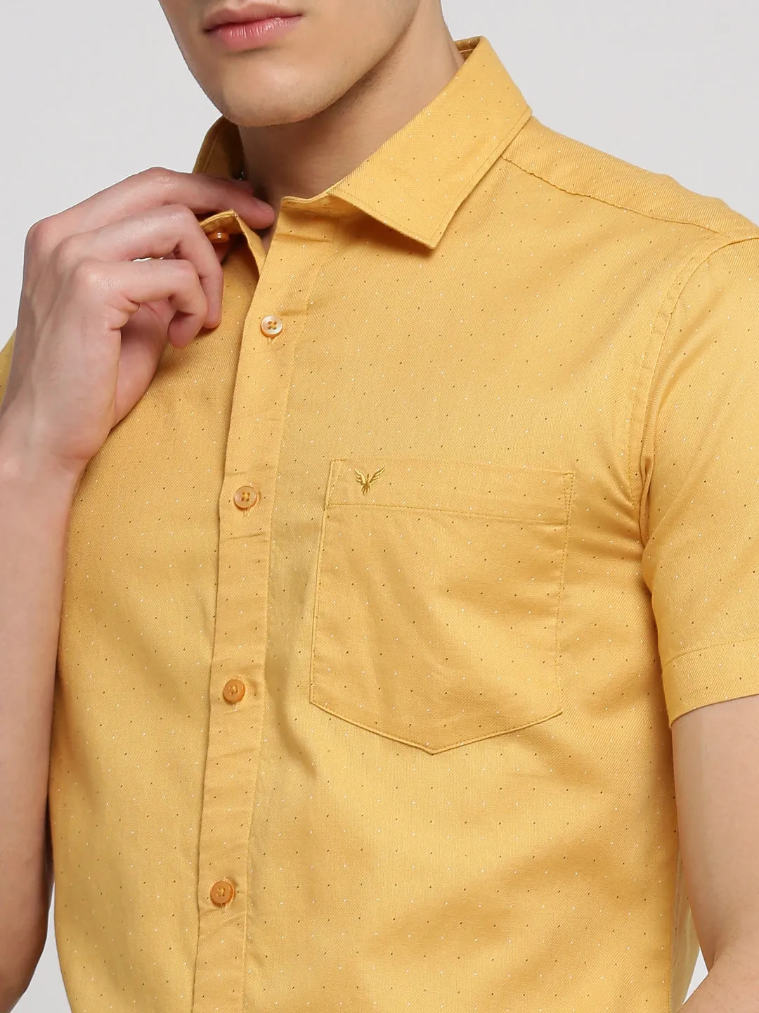 Men Yellow Spread Collar Micro Ditsy Shirt