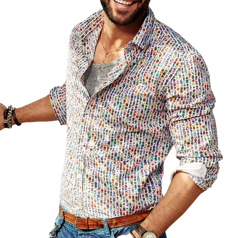 Men's Casual Loose Colorful Vibrant Print Long Sleeve Shirt 70839153U