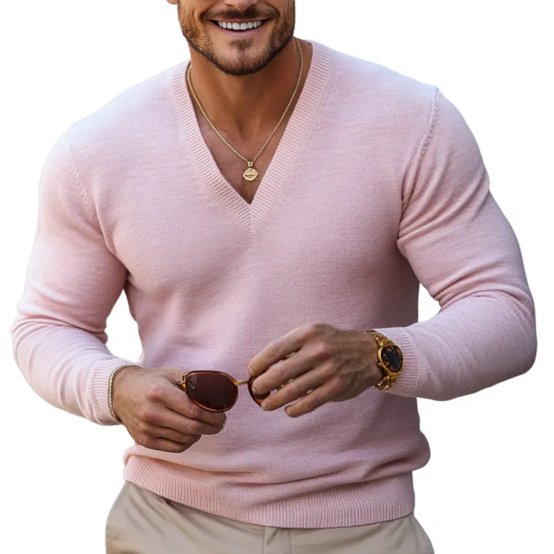 Men's Casual Solid Color V-Neck Slim Fit Long Sleeve Sweater 33725573M