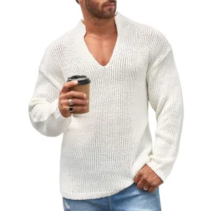 Men's Casual White V-Neck Mesh Knit Sweater 75570478U