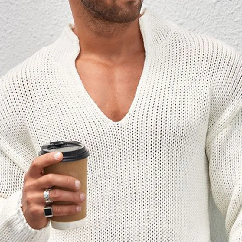 Men's Casual White V-Neck Mesh Knit Sweater 75570478U