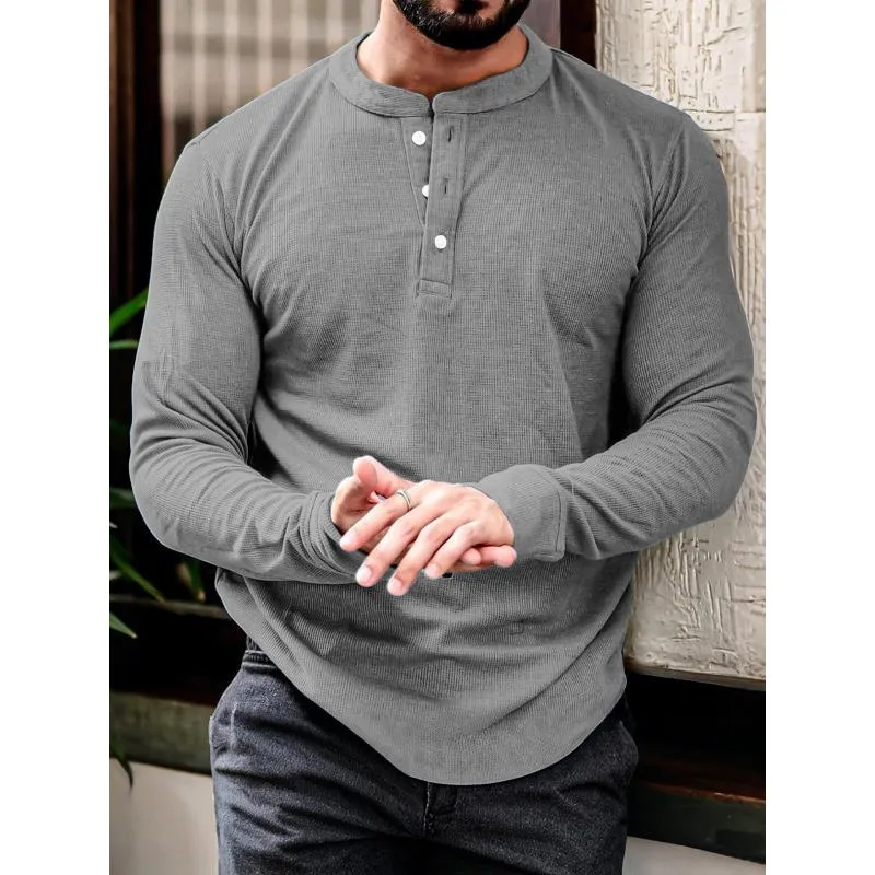 Men's Fashion Waffle Henley Neck Long Sleeve T-Shirt 27626438Y