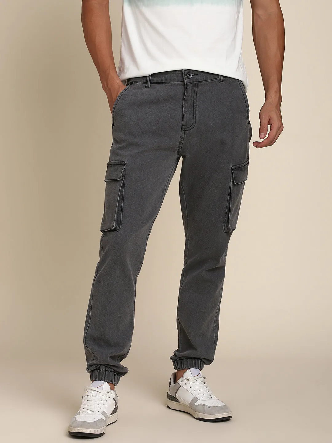 Men's Grey Cargo Jogger With Waistband & Belt Loops