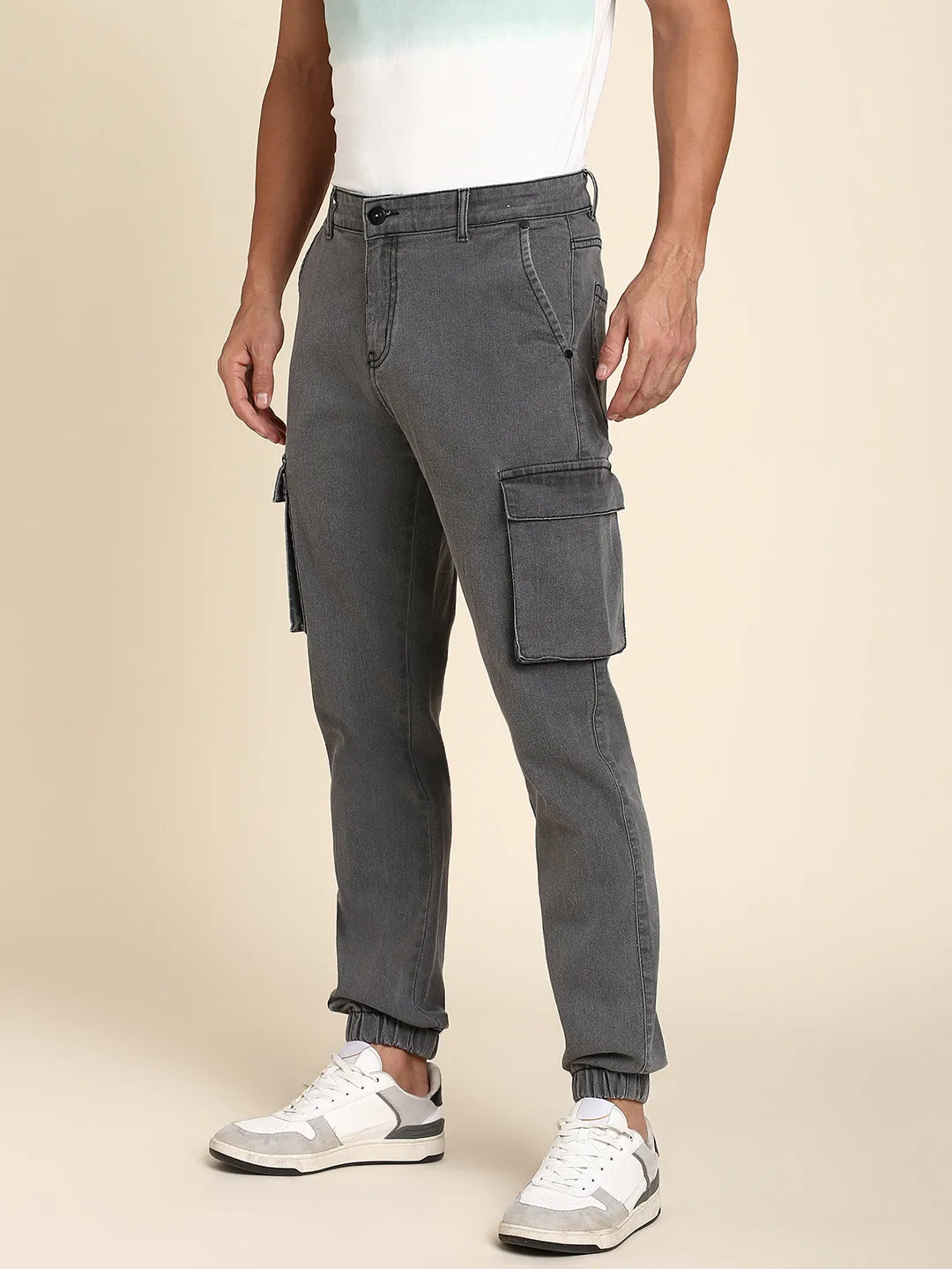 Men's Grey Cargo Jogger With Waistband & Belt Loops