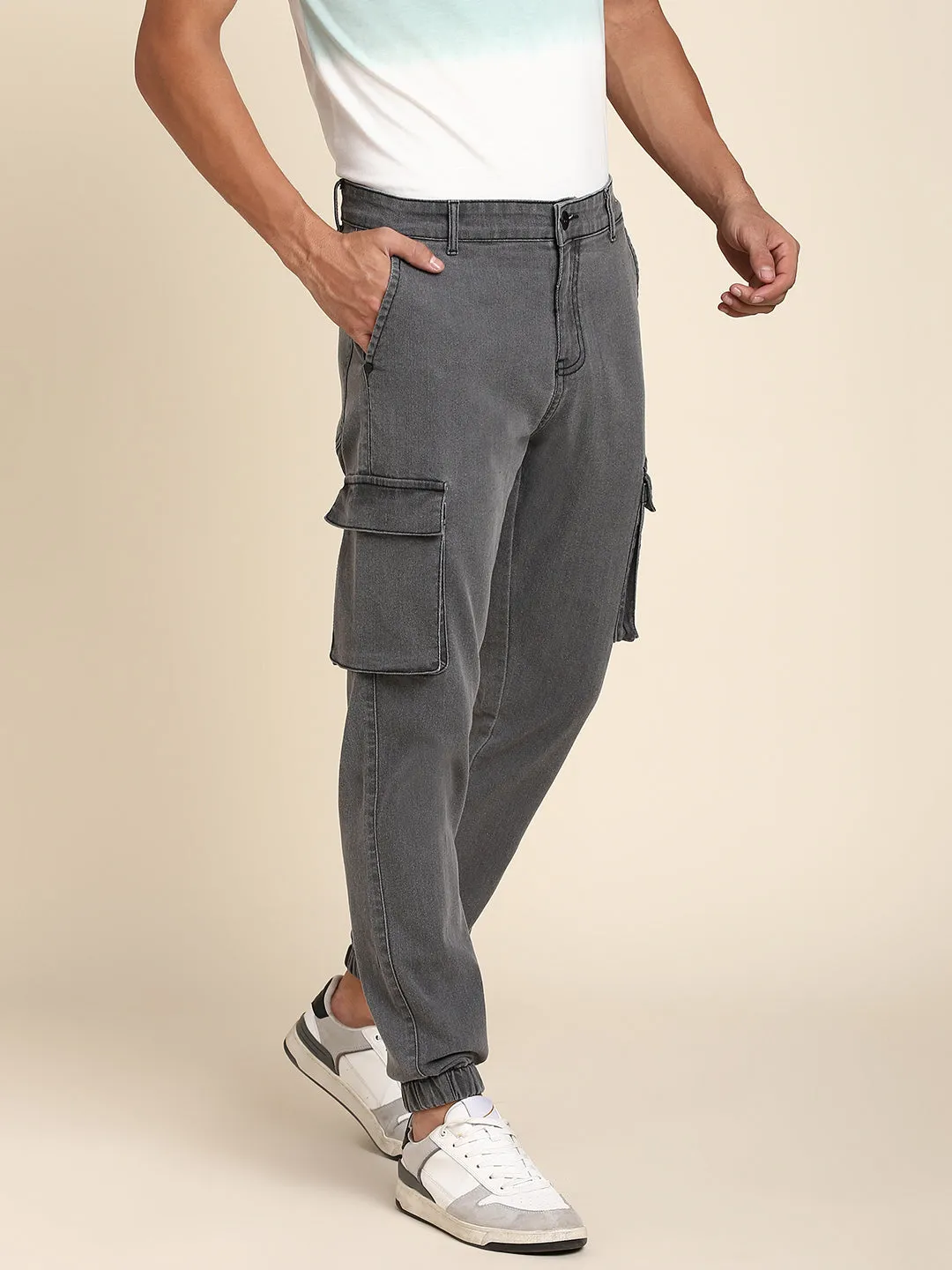 Men's Grey Cargo Jogger With Waistband & Belt Loops