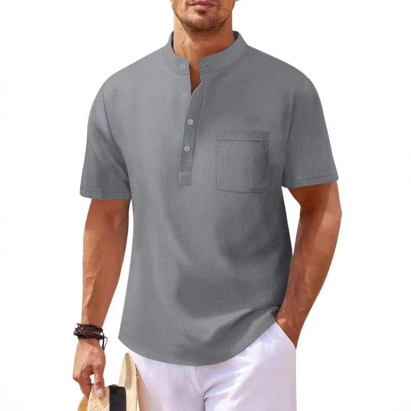 Men's Stand Collar Waffle Short Sleeve Shirt 94859939Y