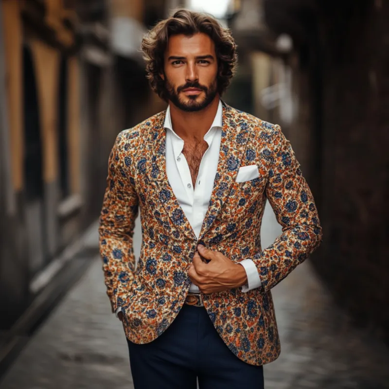 Men's Vintage Floral Print Notched Lapel Single Breasted Slim Fit Blazer 18919455M