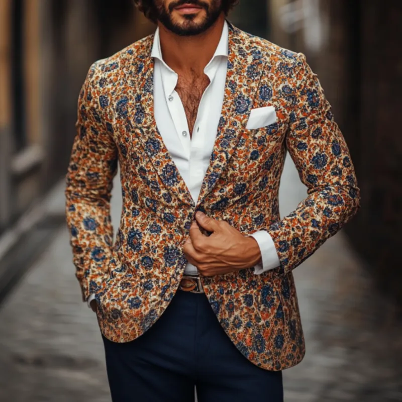 Men's Vintage Floral Print Notched Lapel Single Breasted Slim Fit Blazer 18919455M