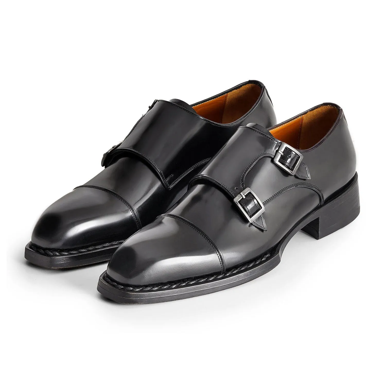 Paul Parkman Men's Shoes Hand-Welted Polished Leather Cap-Toe Double Monk-Straps Loafers (PM6439)