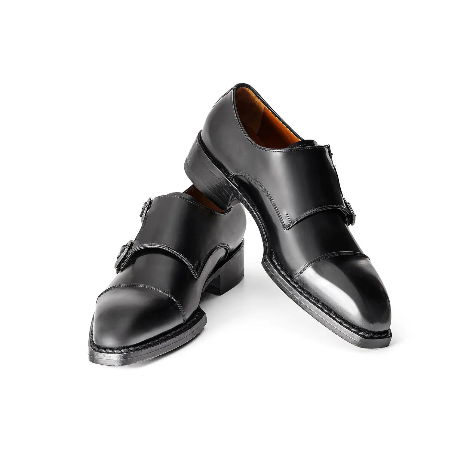 Paul Parkman Men's Shoes Hand-Welted Polished Leather Cap-Toe Double Monk-Straps Loafers (PM6439)