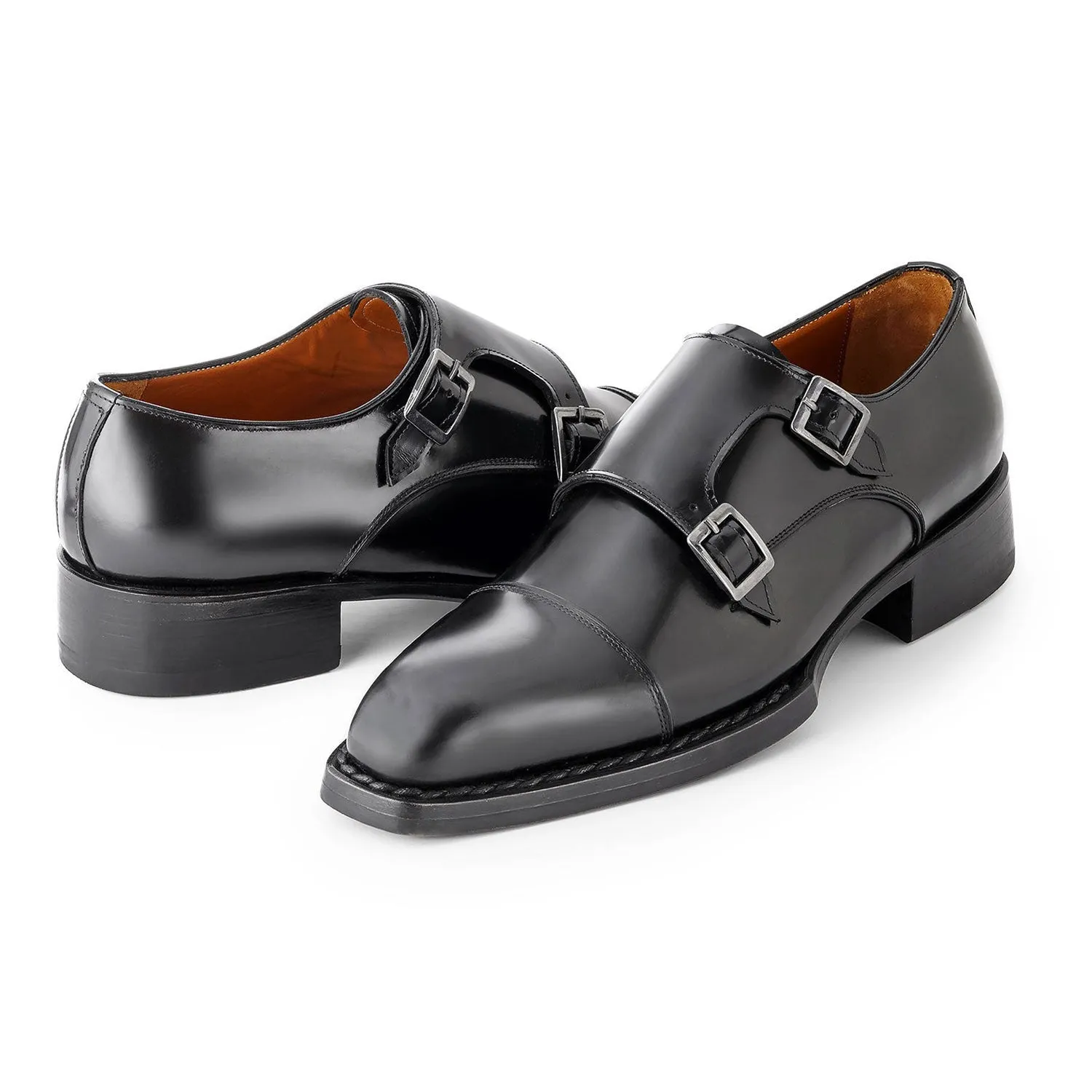 Paul Parkman Men's Shoes Hand-Welted Polished Leather Cap-Toe Double Monk-Straps Loafers (PM6439)