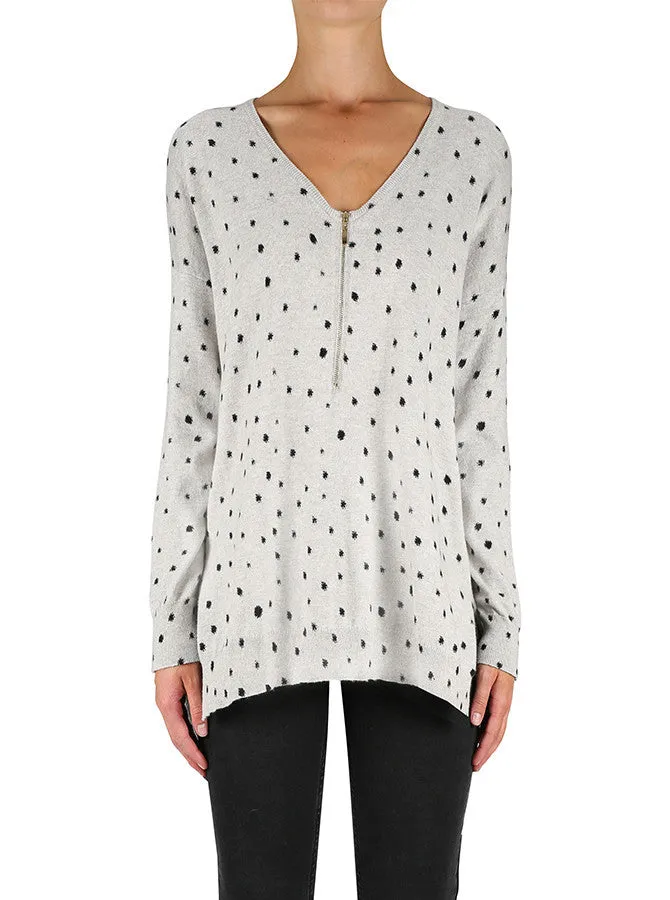 Pieces Of Artwork Zip Sweater- Grey/ Black Dots