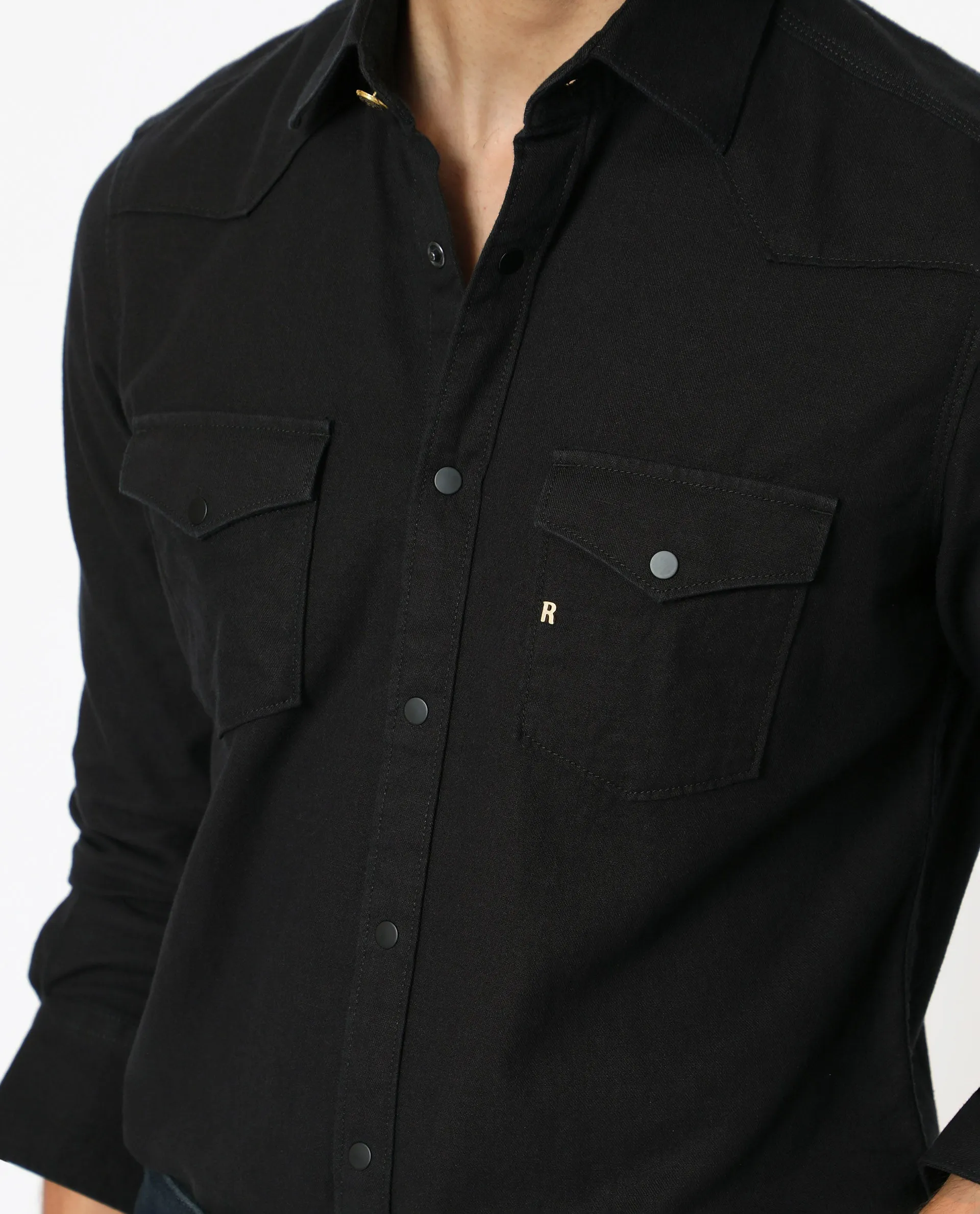 Rare Rabbit Men's Taison Black Cotton Fabric Full Sleeves Denim Shirt