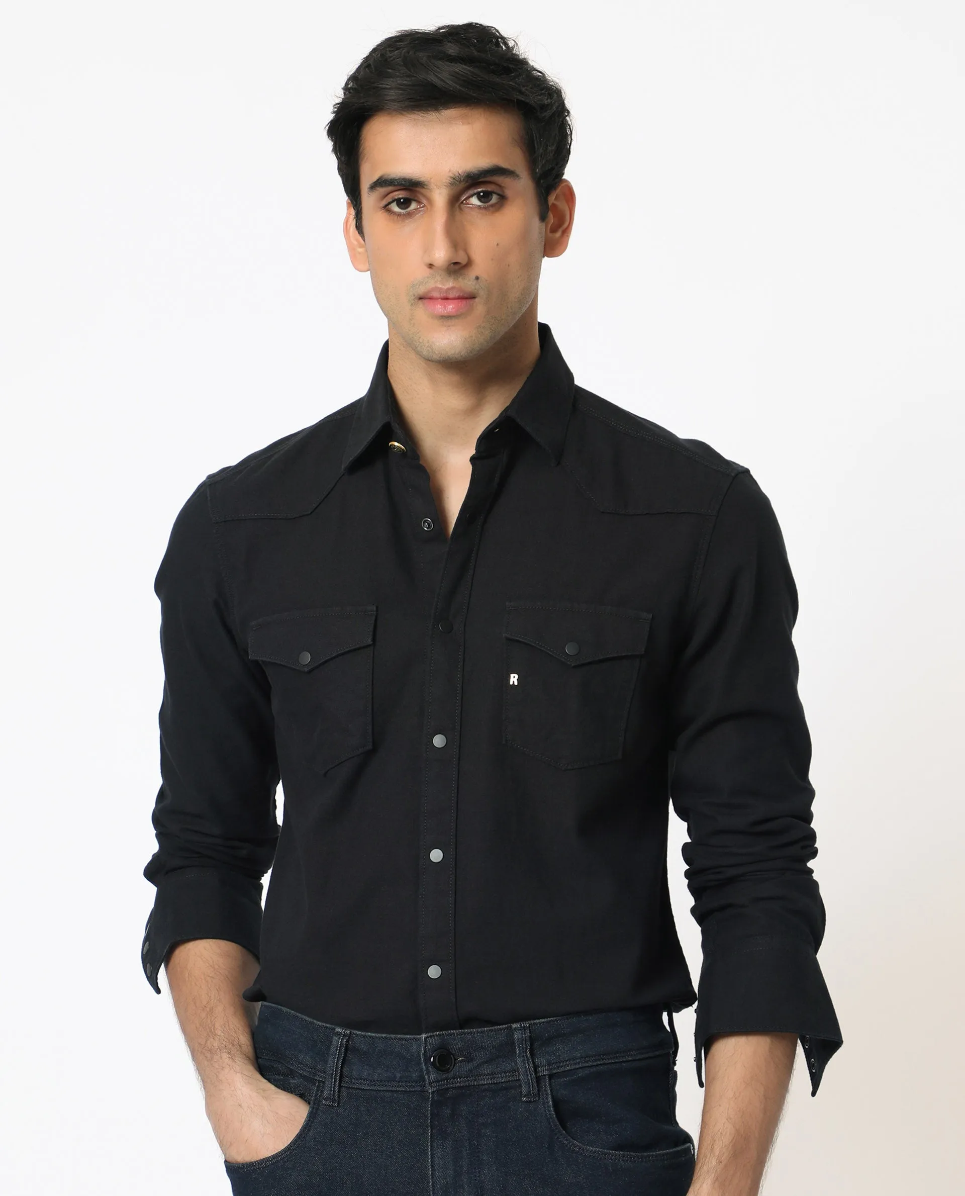 Rare Rabbit Men's Taison Black Cotton Fabric Full Sleeves Denim Shirt