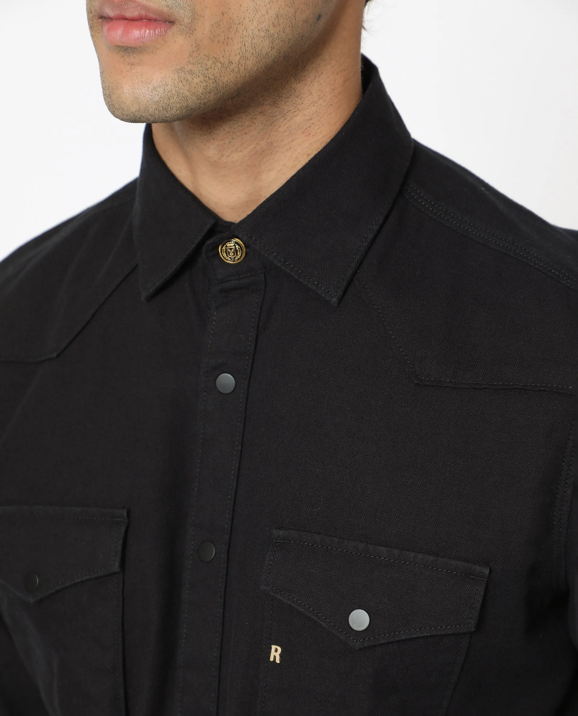 Rare Rabbit Men's Taison Black Cotton Fabric Full Sleeves Denim Shirt