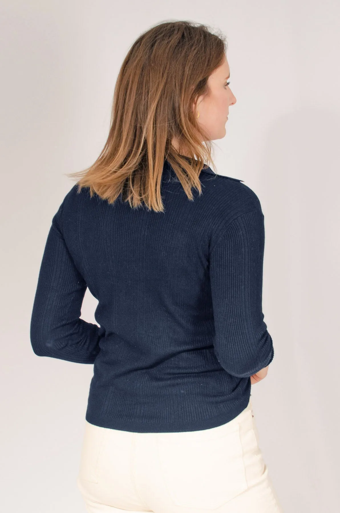 Ribbed Collared Long Sleeve Top