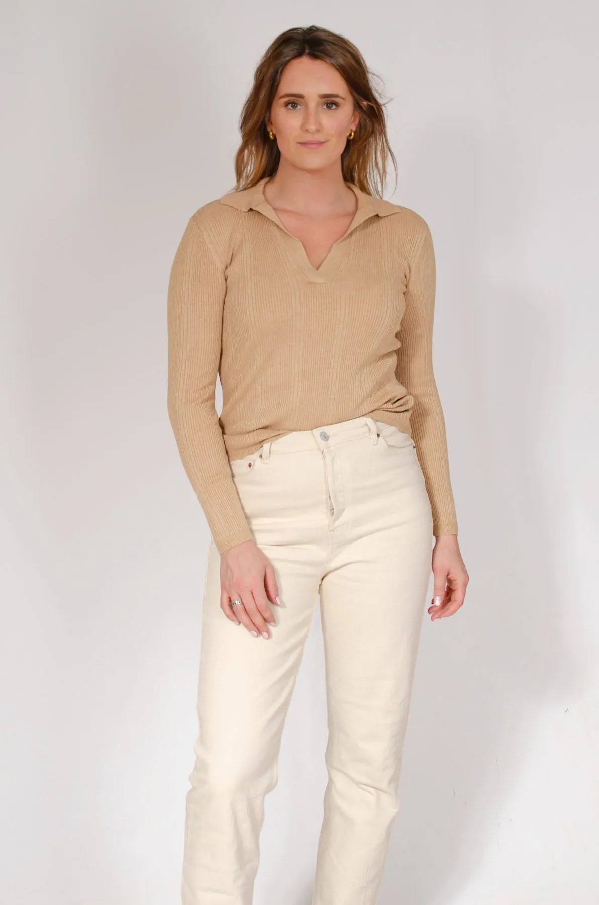 Ribbed Collared Long Sleeve Top