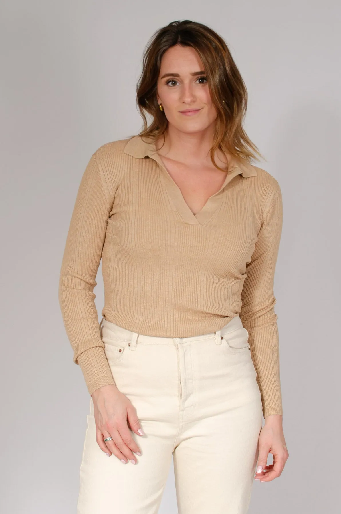 Ribbed Collared Long Sleeve Top