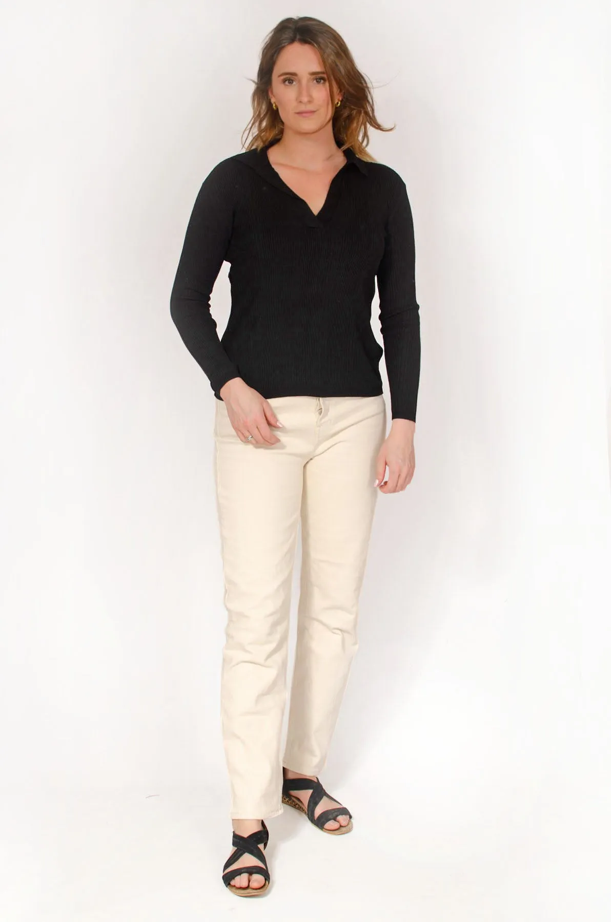 Ribbed Collared Long Sleeve Top