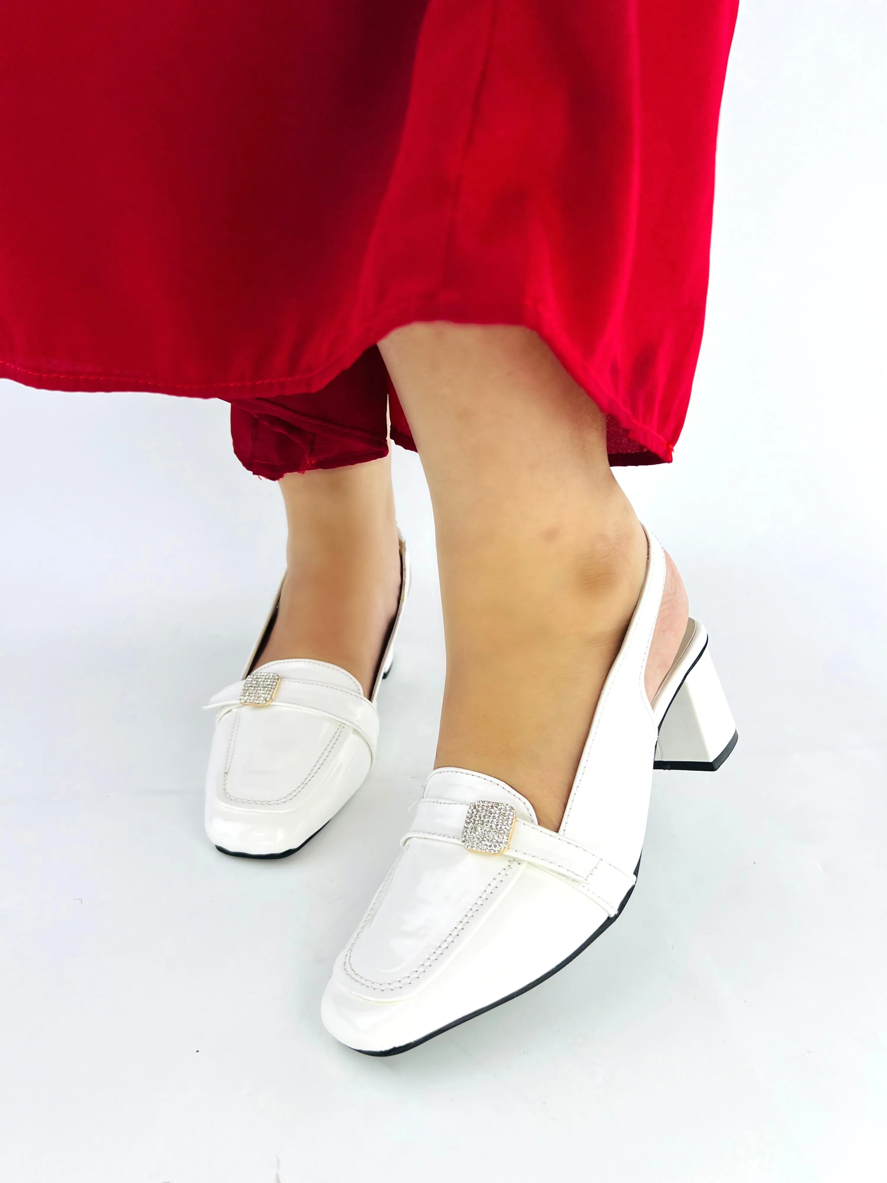 Spunkz White Mid Block Heel Closed Square Toe Slingback Pumps Shoes