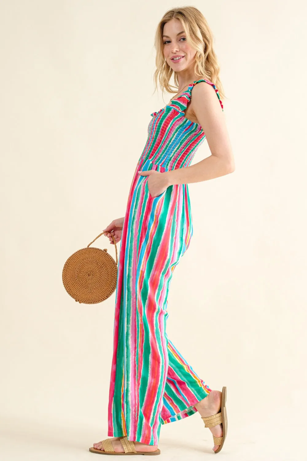 Striped Smocked Sleeveless Jumpsuit