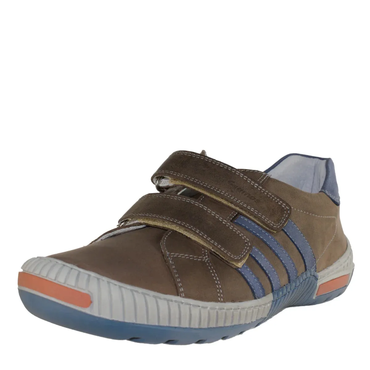 Szamos Kid Boy Sneakers In Brown Color With Blue Stripes And Double Velcro Strap - Made In Europe