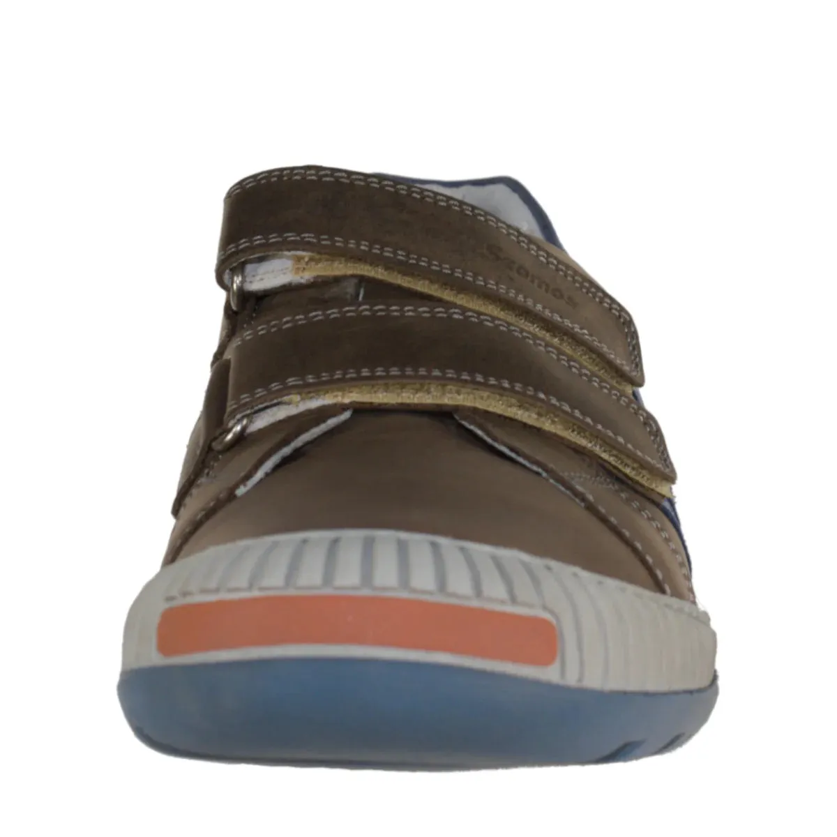 Szamos Kid Boy Sneakers In Brown Color With Blue Stripes And Double Velcro Strap - Made In Europe