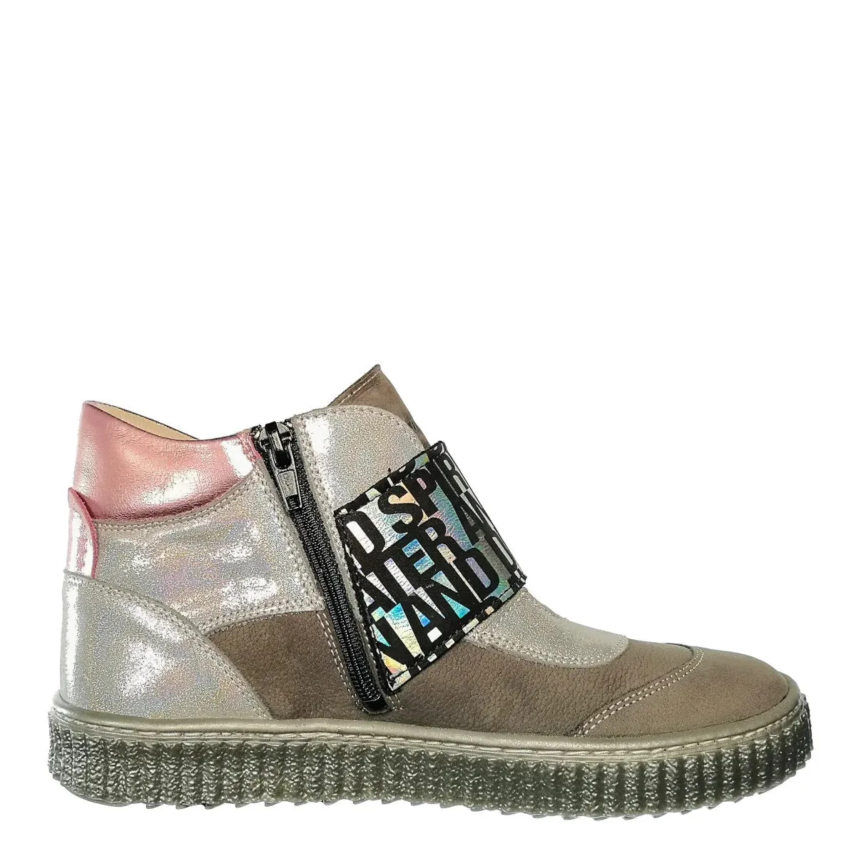 Szamos Kid Girl High-Top Shoes Grey And Pink With Wide Shiny Graphic Strechy Strap And Side Zipper - Made In Europe